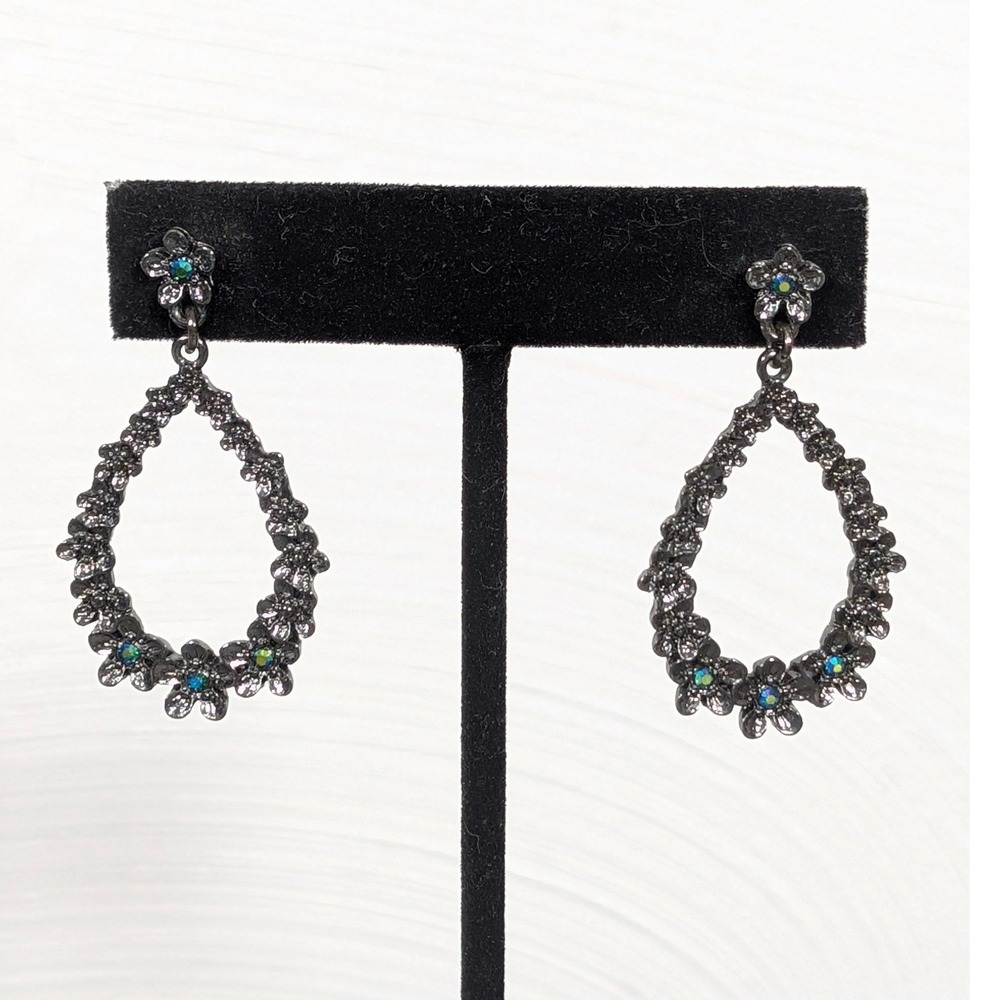 Gunmetal Gray Floral AB Rhinestone Dangle Earrings Mystic Fire Whimsigoth